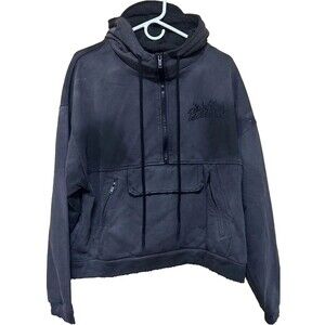 Hyde Park Cropped Hoodie Men’s L Black Aged Wash Embroidered Streetwear BNWT